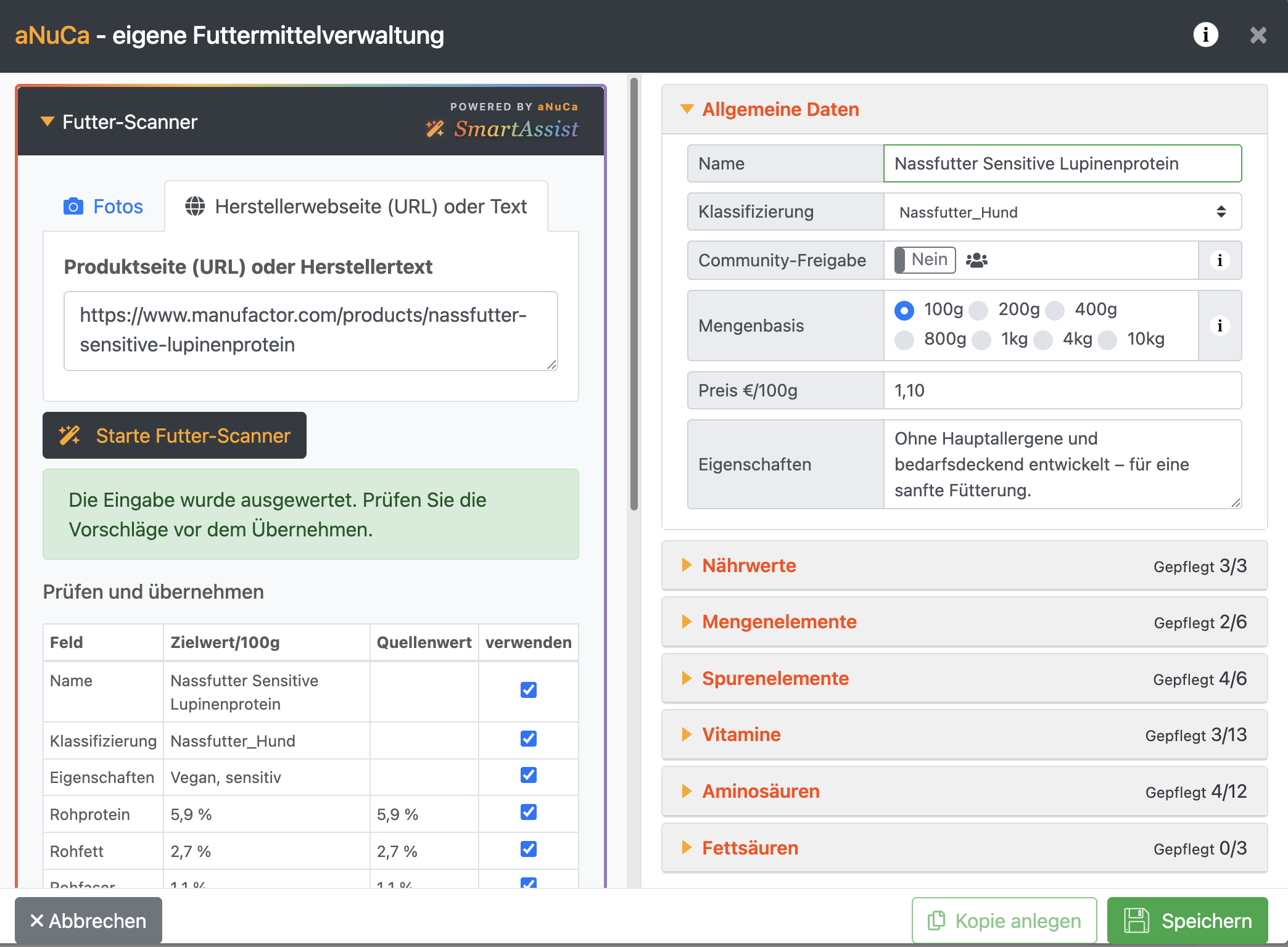SmartAssist liest Nährwerte aus einer Produktseite aus und übernimmt sie ins Formular