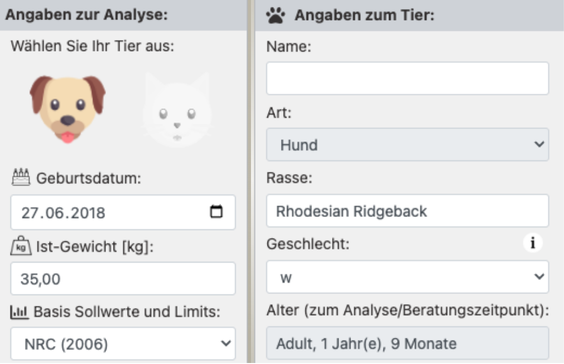 Tierdaten erfassen: Name, Art, Rasse, Alter und Gewicht