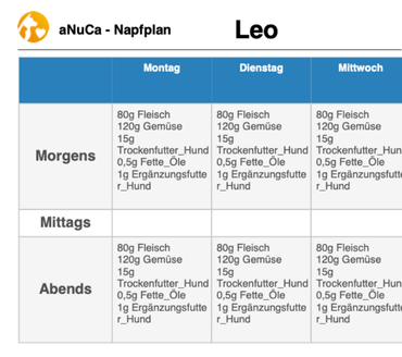 Napfplan erstellen: Wochentabelle mit Mengen für Morgens, Mittags und Abends